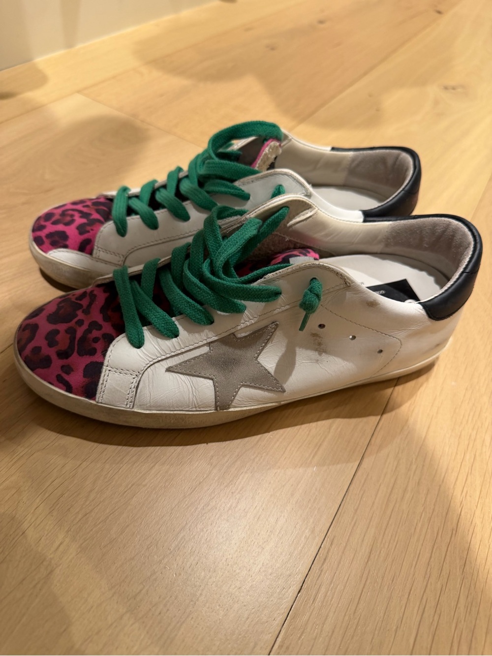 Golden Goose White Leather Sneakers with Pink Leopard Toe and Green Laces